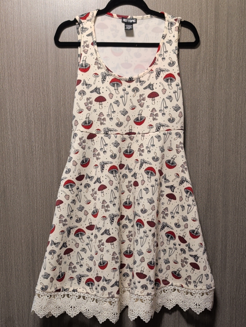 Hot Topic Cream Tank Dress with Red & Black Mushroom Print